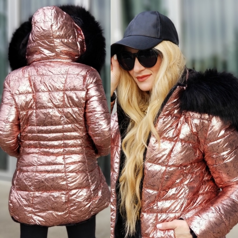 Pink Metallic Fur Trimmed Coat Long Jacket Winter - Picture 2 of 5